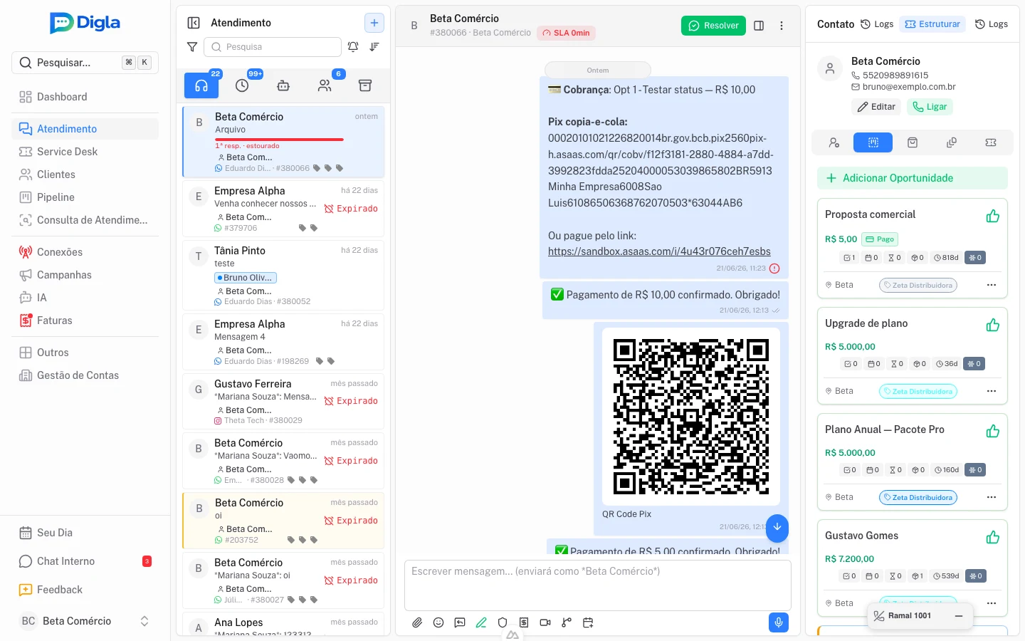 Cobrança na conversa — Pix enviado, confirmação automática e oportunidade marcada como paga.