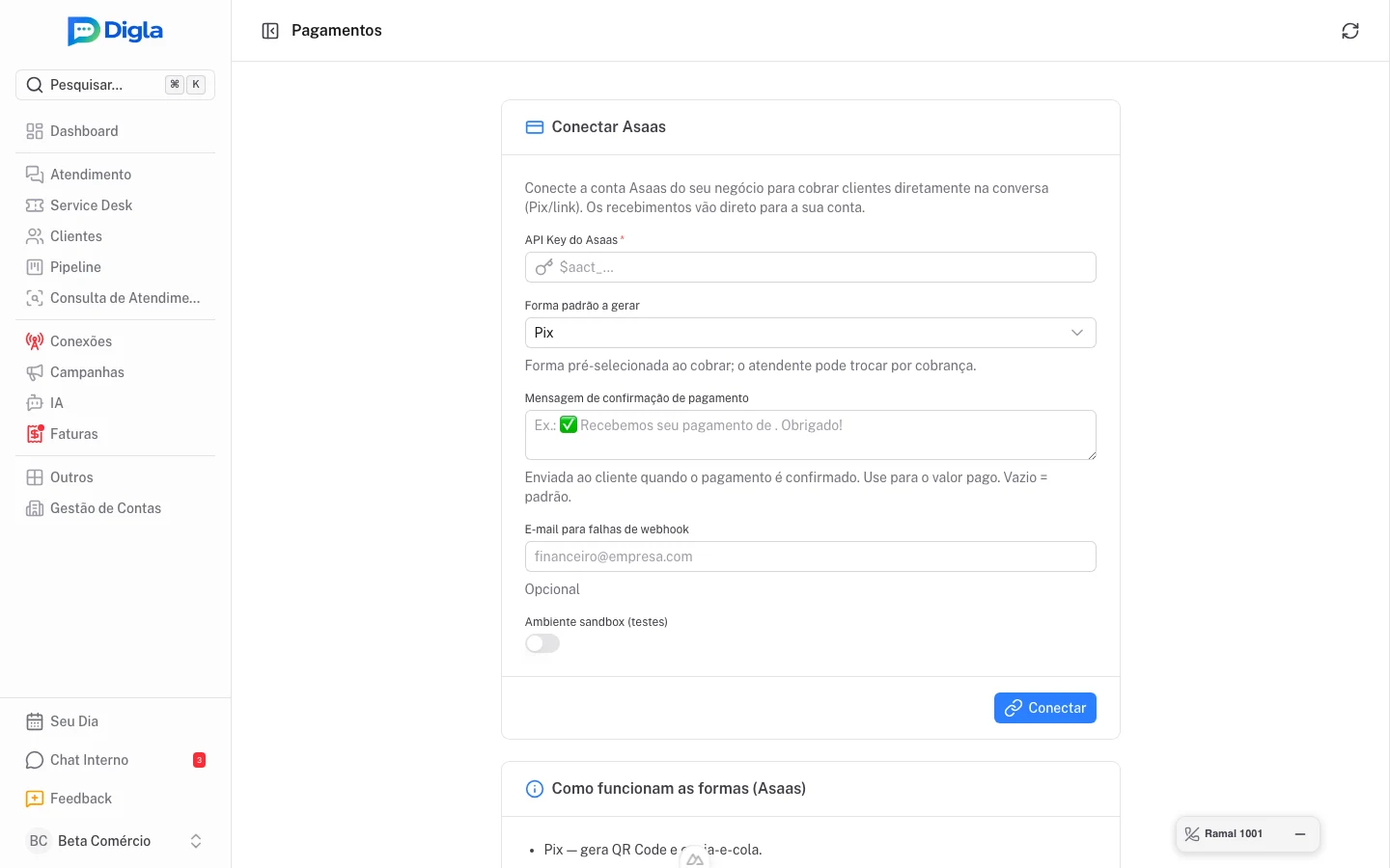 Configurações → Pagamentos — conexão com o Asaas e forma padrão de cobrança.