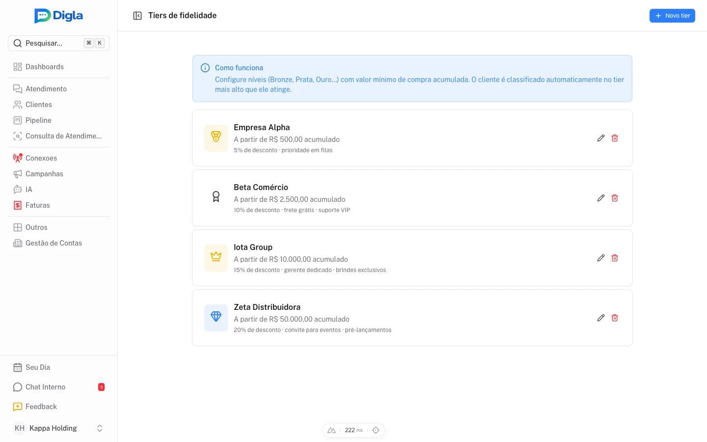 Cadastro administrativo dos tiers de fidelidade.