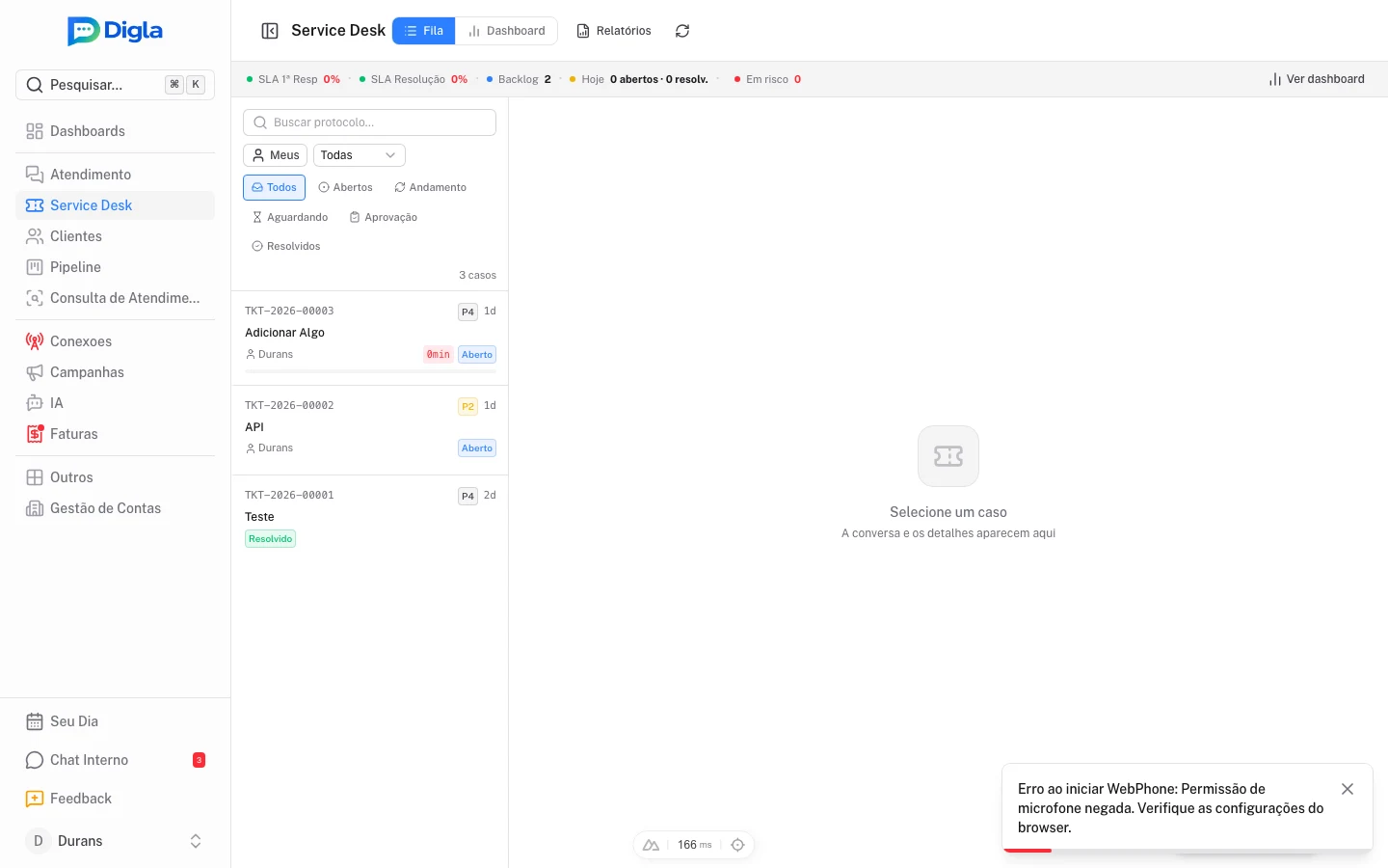 Fila do Service Desk — visão consolidada de casos ativos com indicadores de SLA em tempo real.