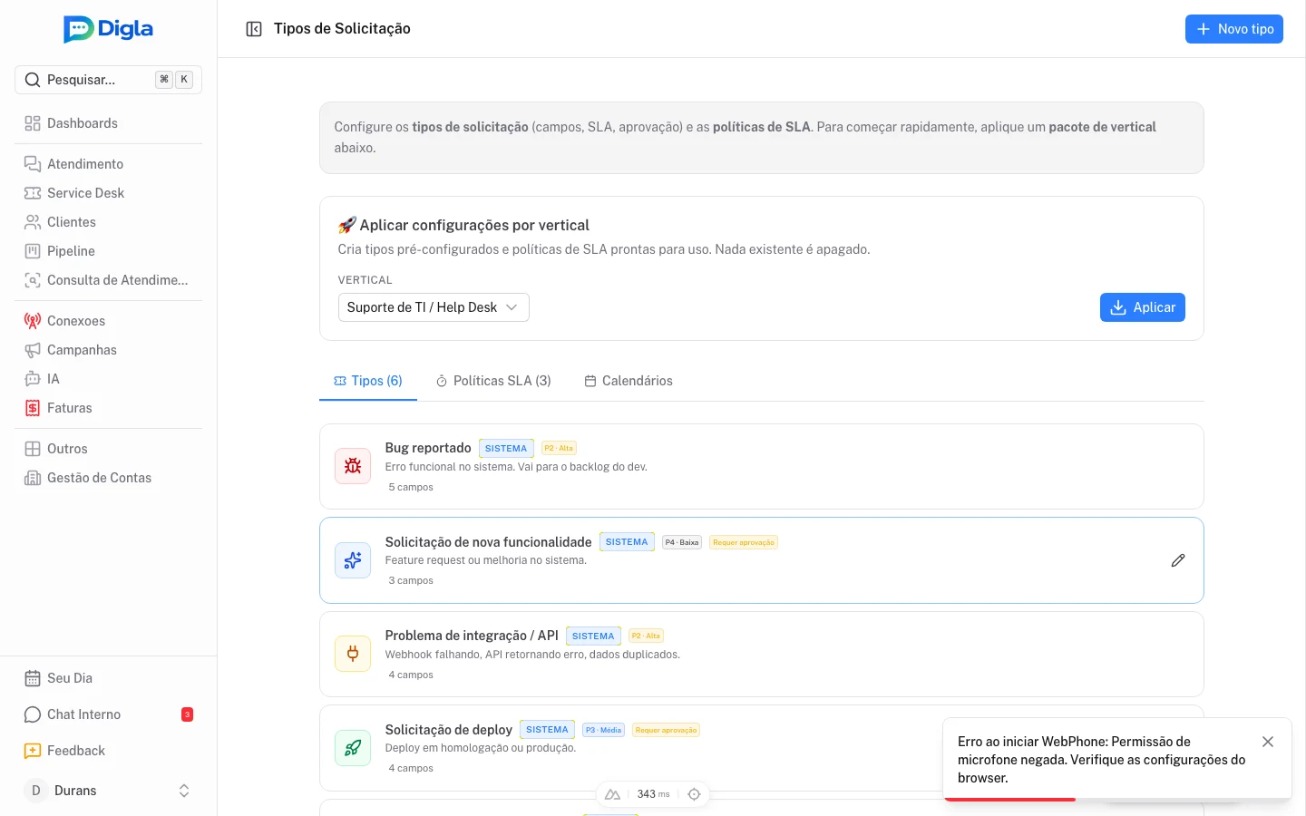 Painel de configuração do Service Desk com tipos de solicitação e verticais prontas.