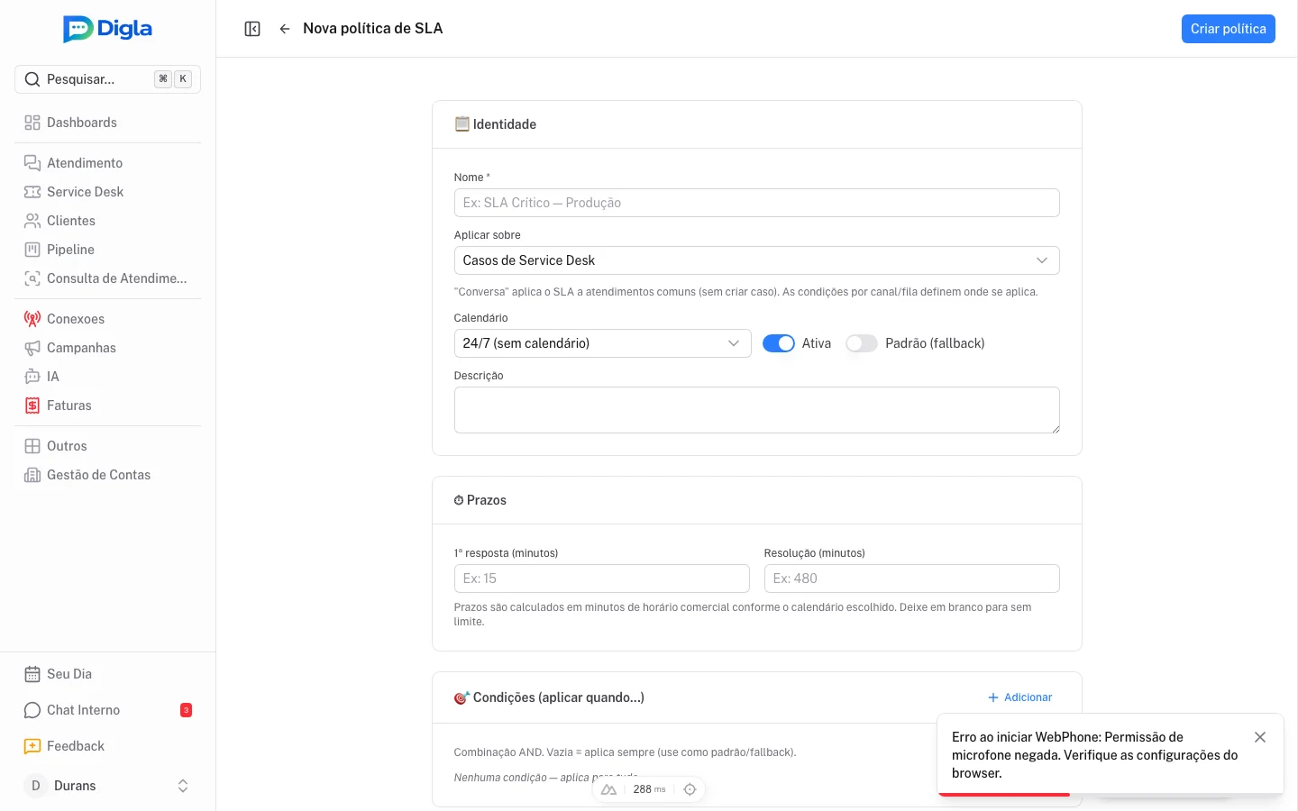 Editor de política de SLA — condições, prazos e configuração de três níveis de escalonamento.