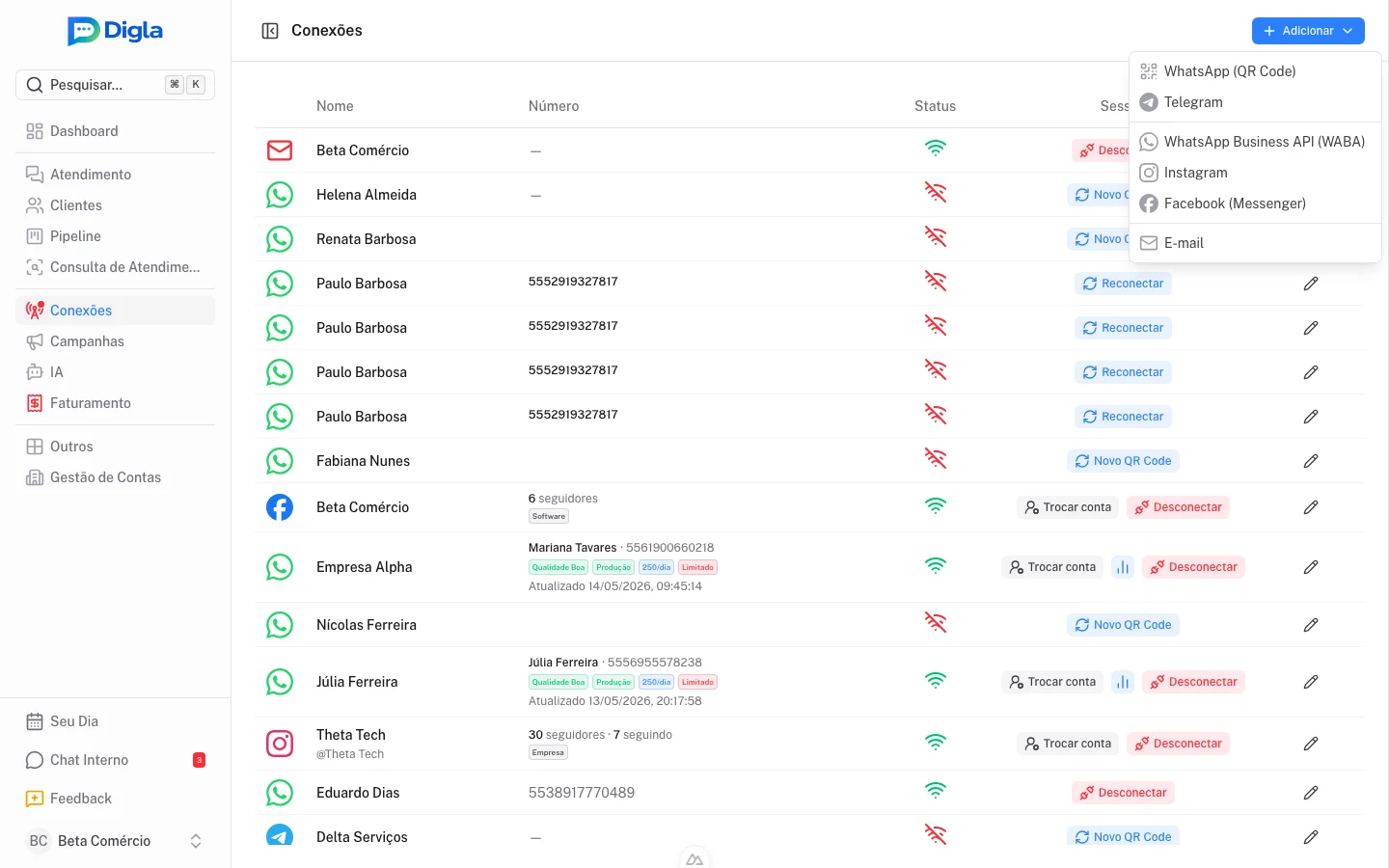 Conexões → Adicionar: WhatsApp, WABA, Instagram, Facebook, e os novos Telegram e E-mail.