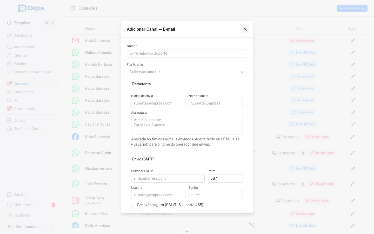 Adicionar Canal — E-mail: remetente, assinatura, SMTP e IMAP, com teste de conexão.