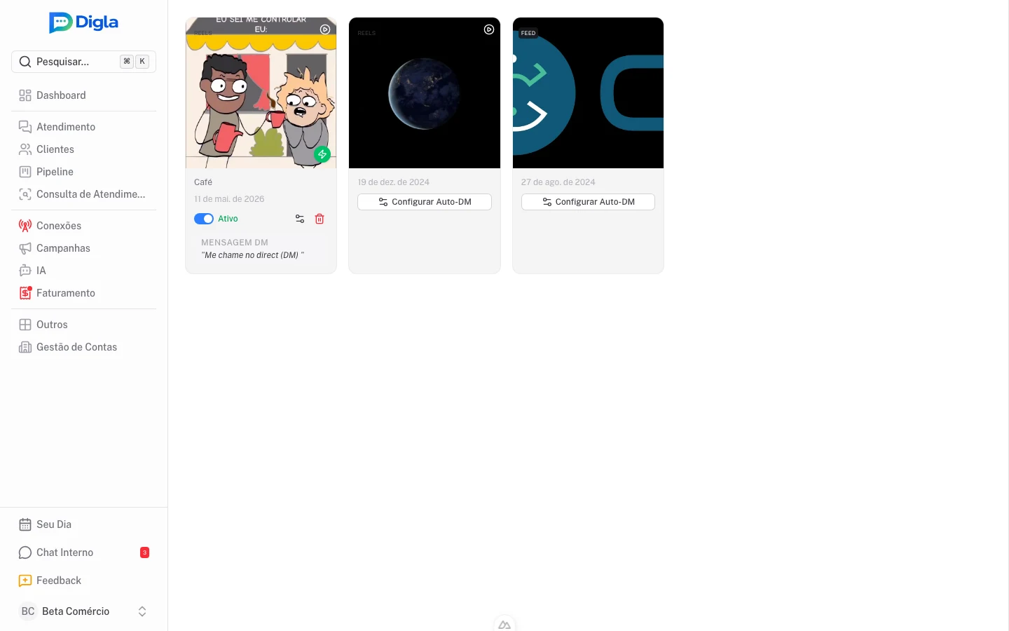 Automação de posts do Instagram — DM automática ao comentar (em breve).