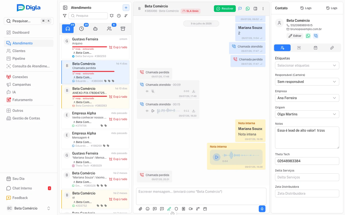 No atendimento: botão de ligar por voz pelo WhatsApp e chamadas gravadas na conversa.