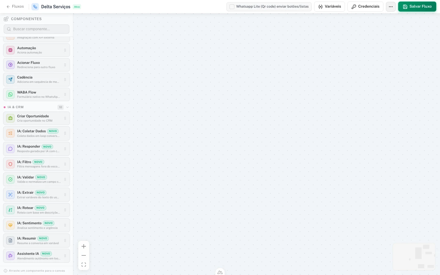 Construtor de fluxos — a categoria IA & CRM: coletar, responder, rotear, validar, resumir e o Assistente IA.