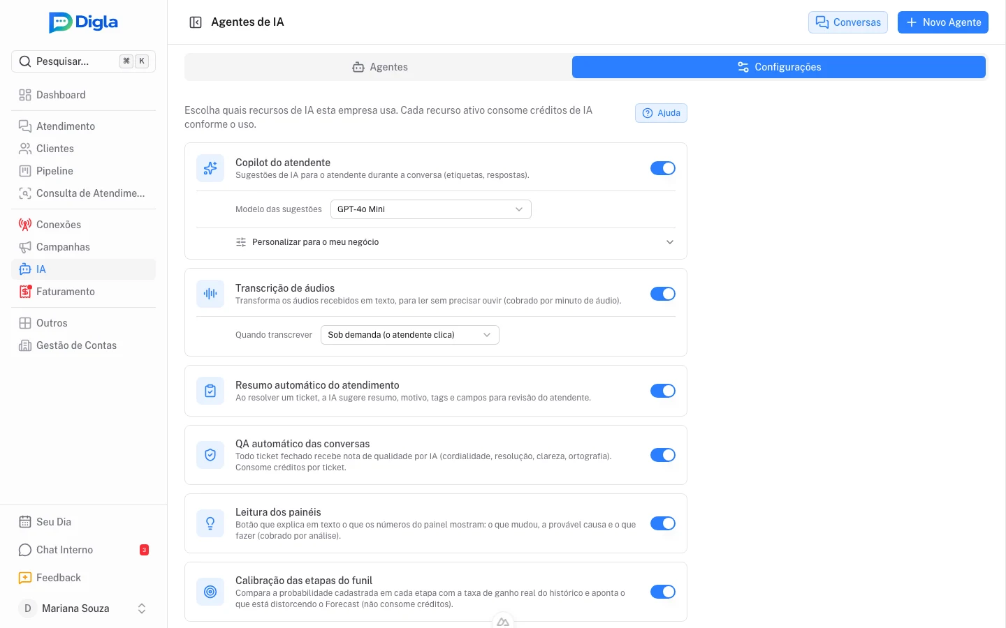 Painel de configurações de IA: um recurso por linha, cada um com o seu interruptor.