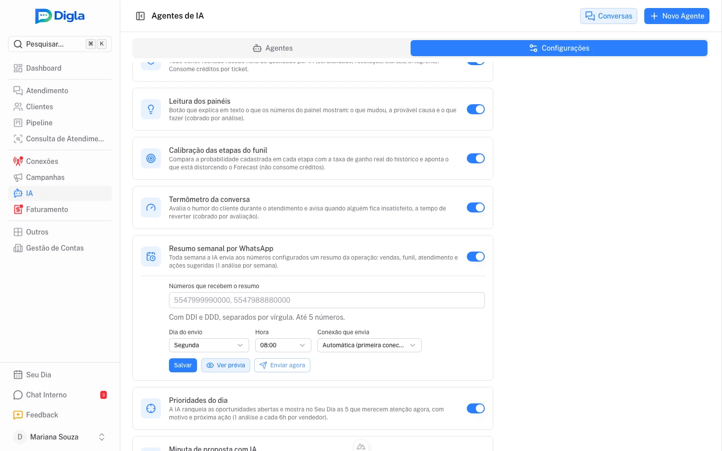 Configuração do resumo semanal: números, dia, hora e conexão de envio.