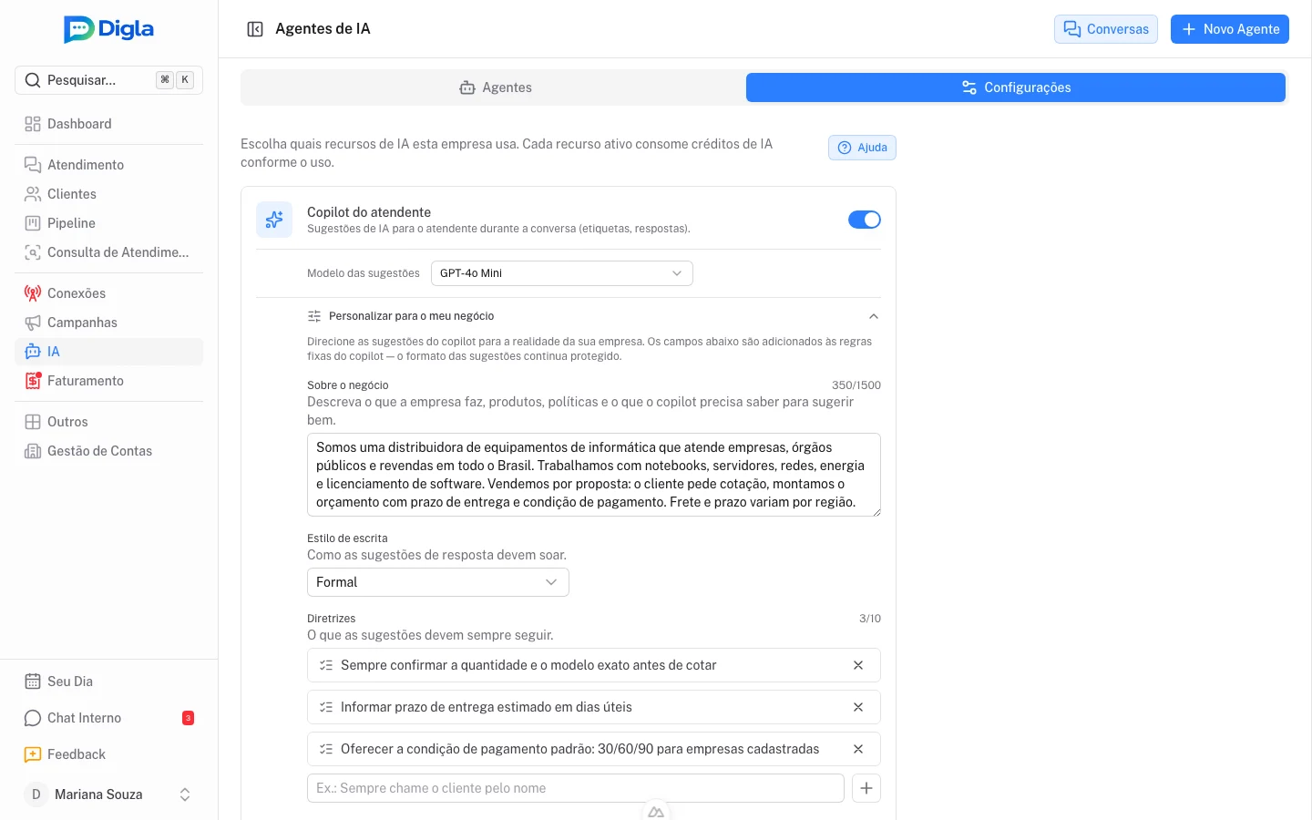 Personalização do copilot: contexto, estilo de escrita, diretrizes e restrições.