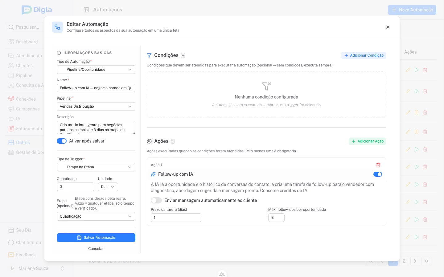 Regra que observa negócios parados há três dias em Qualificação e aciona o follow-up com IA.