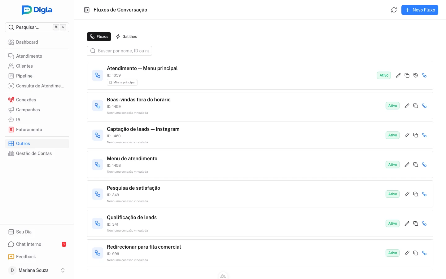 Lista de fluxos indicando as conexões vinculadas a cada um.