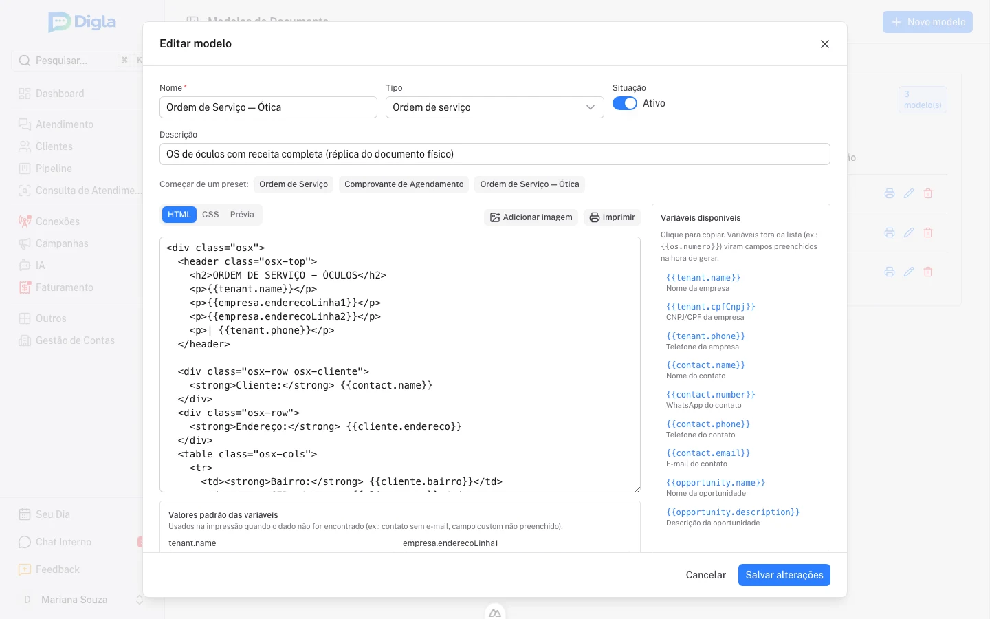 Editor do modelo com presets, variáveis disponíveis e valores padrão.