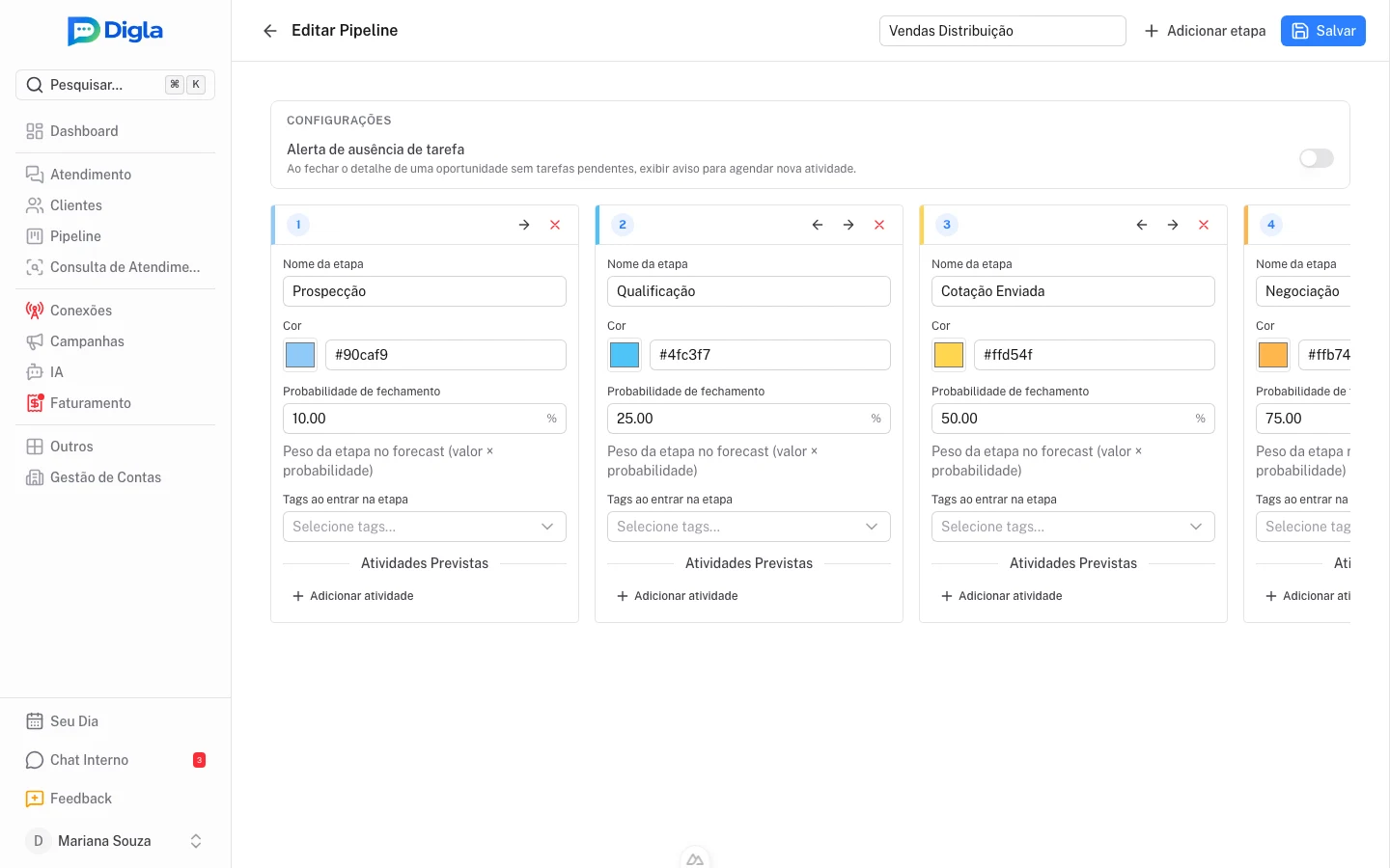 Etapas do funil com a probabilidade de fechamento configurável.