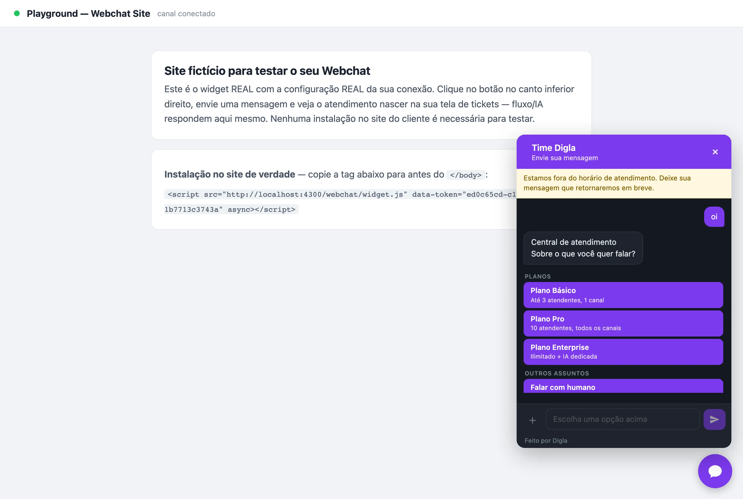O mesmo widget em tema escuro: a aparência acompanha o site de quem visita.