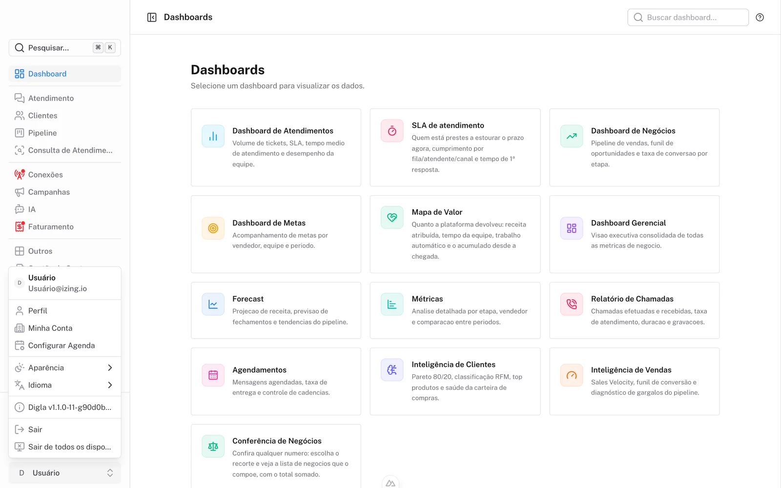 O menu do usuário, com a saída de todos os dispositivos.