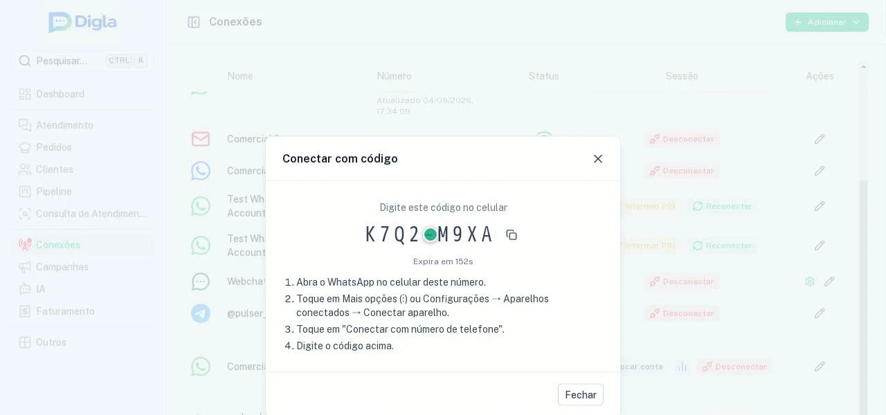 Janela de conexão por código, com o passo a passo para o celular.