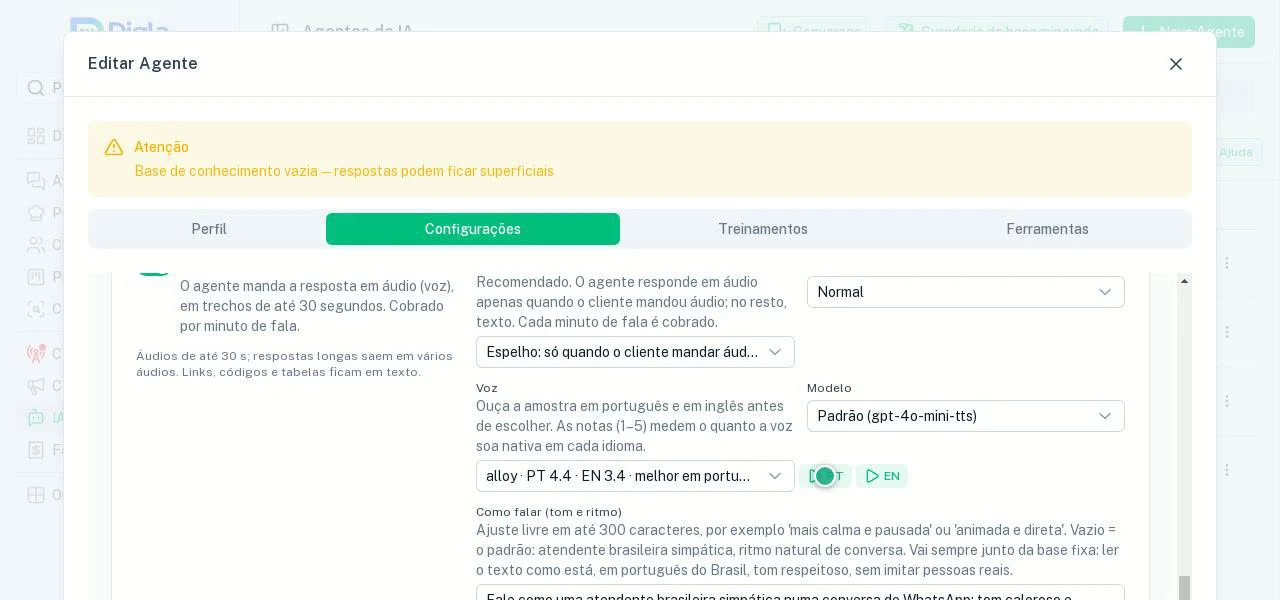Resposta em áudio: quando responder, a voz com amostra e o jeito de falar.