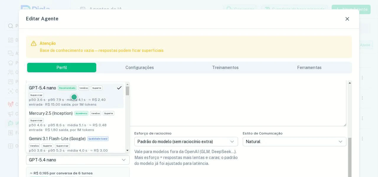 Lista de modelos com selos, medições e o preço por conversa.