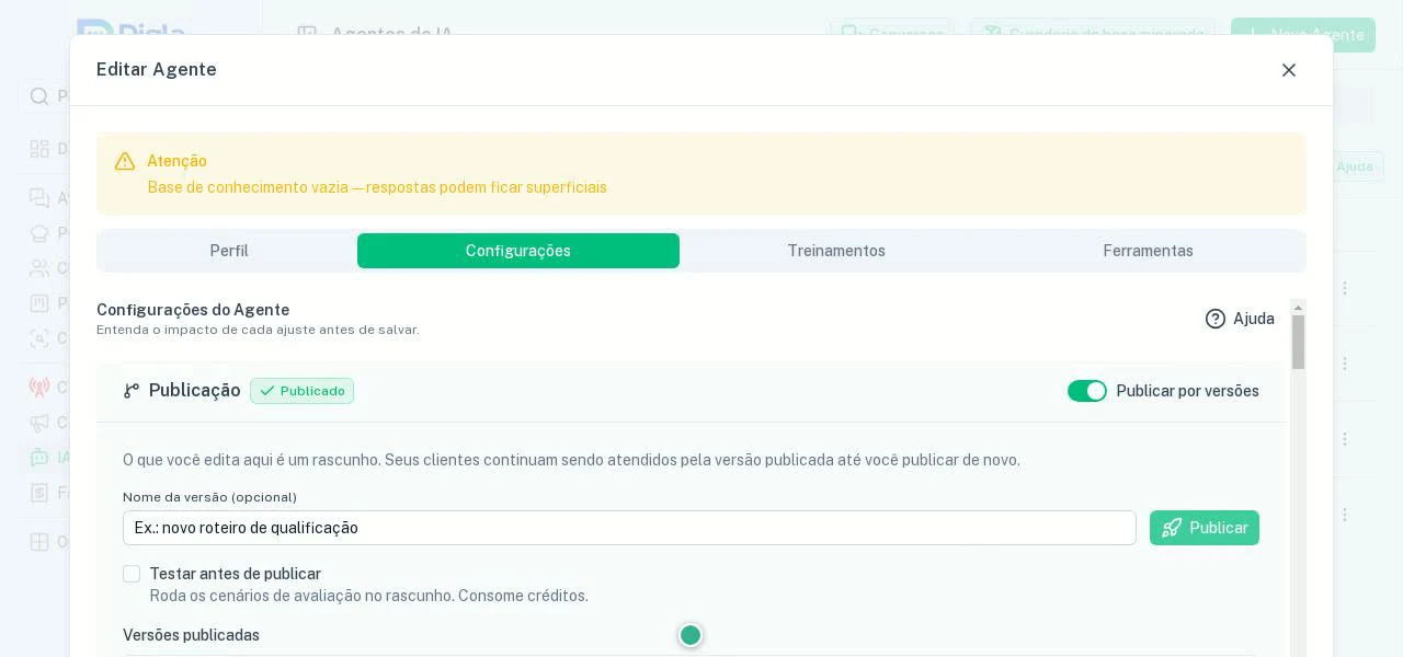 Publicação por versões: rascunho, nome da versão e lista das publicadas.