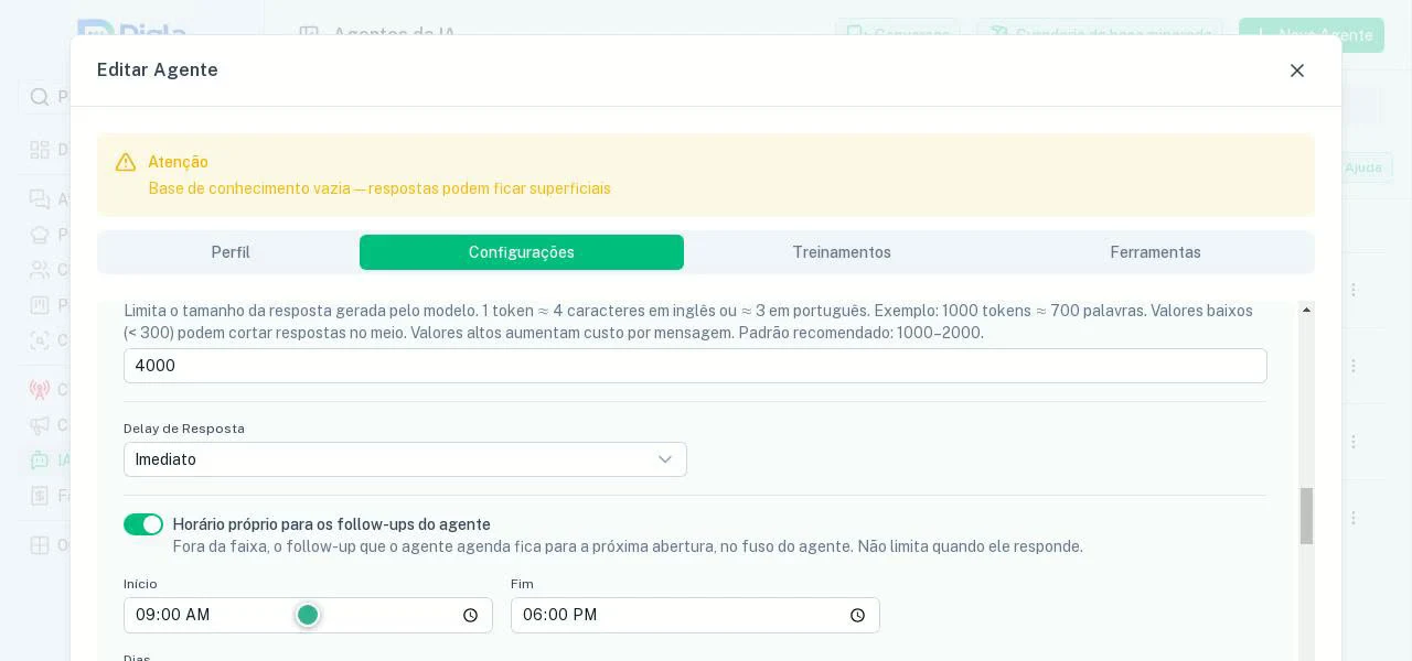 Horário próprio para os follow-ups do agente, com início, fim e dias.