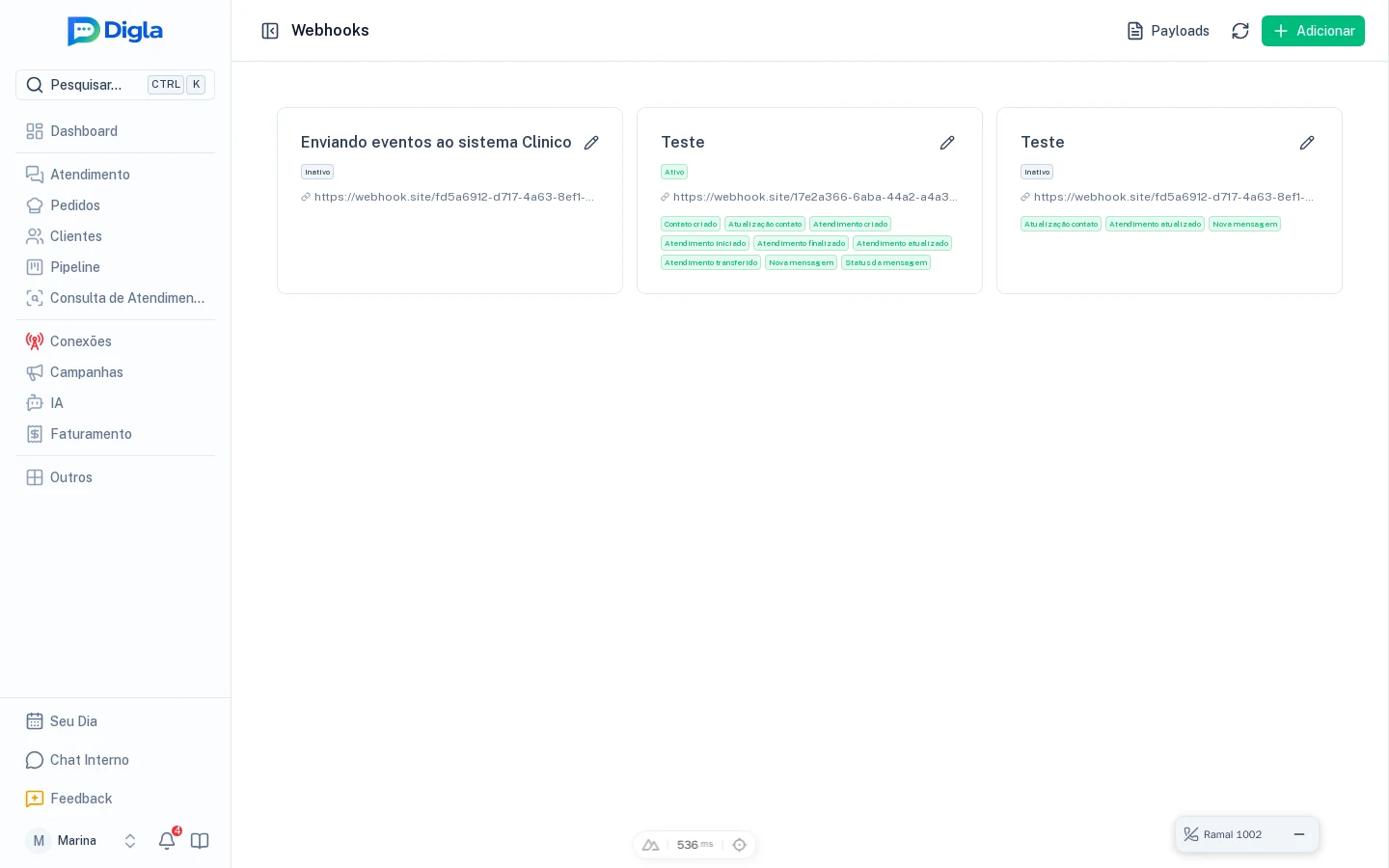 Cadastro de webhooks com os eventos de negócio disponíveis.