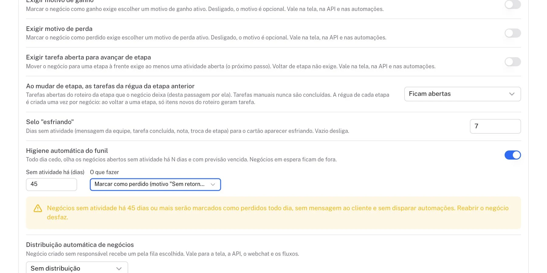 Selo esfriando e higiene automática nas configurações do funil.