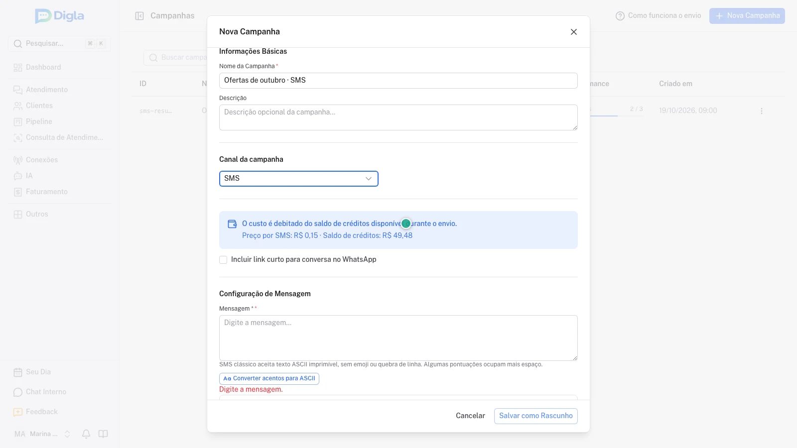 Configuração de campanha SMS em uma conta fictícia. Preços e saldo são ilustrativos.