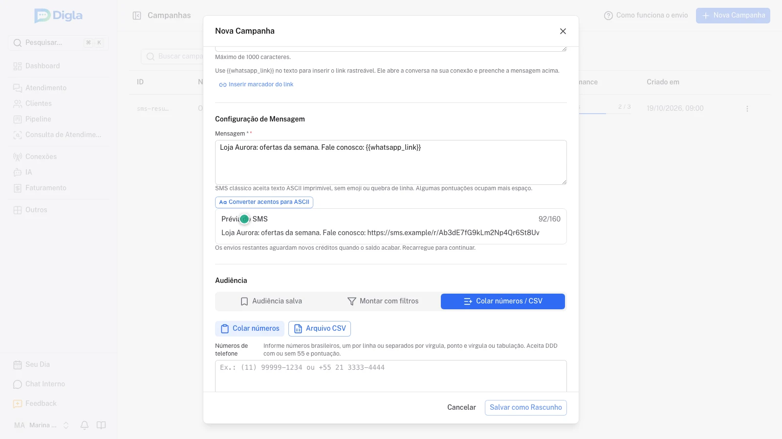 Conexão, mensagem preparada e marcador do link na campanha de demonstração.