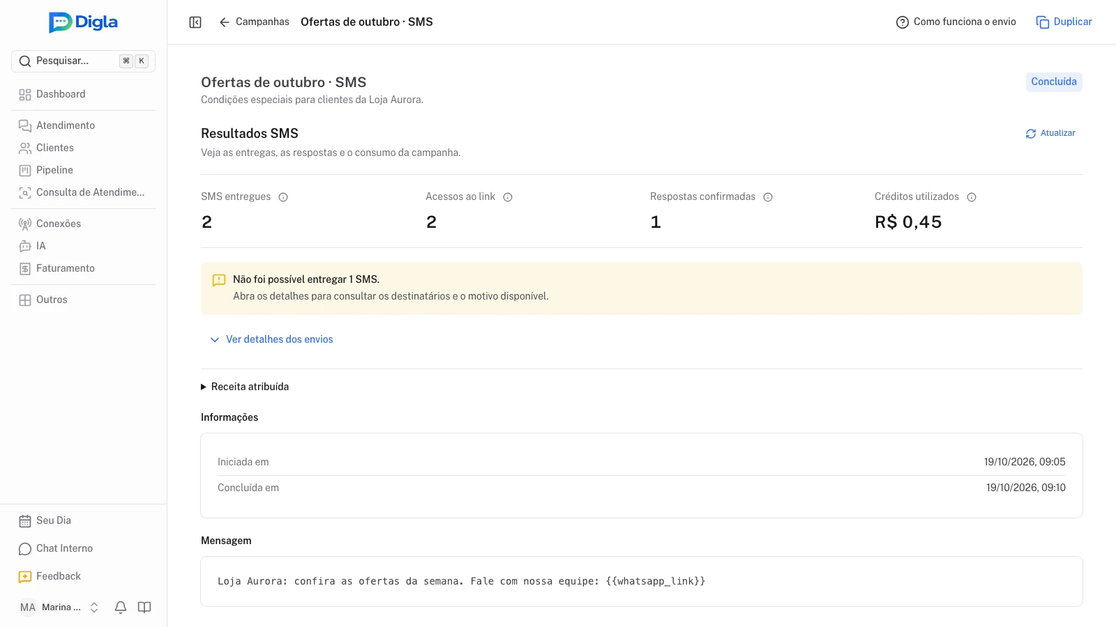 Novo resumo com resultados fictícios. Os avisos aparecem quando há falhas ou pendências.