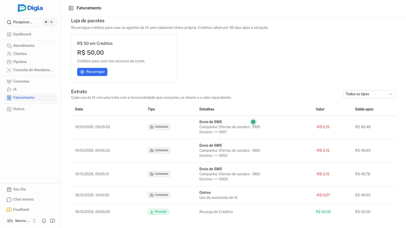 Extrato de demonstração com débitos de SMS identificados pela campanha. Valores ilustrativos.