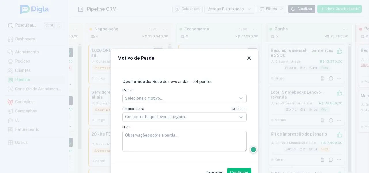 Janela de perda com o novo campo “Perdido para”.